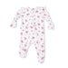 Floral-patterned baby footie on a white background