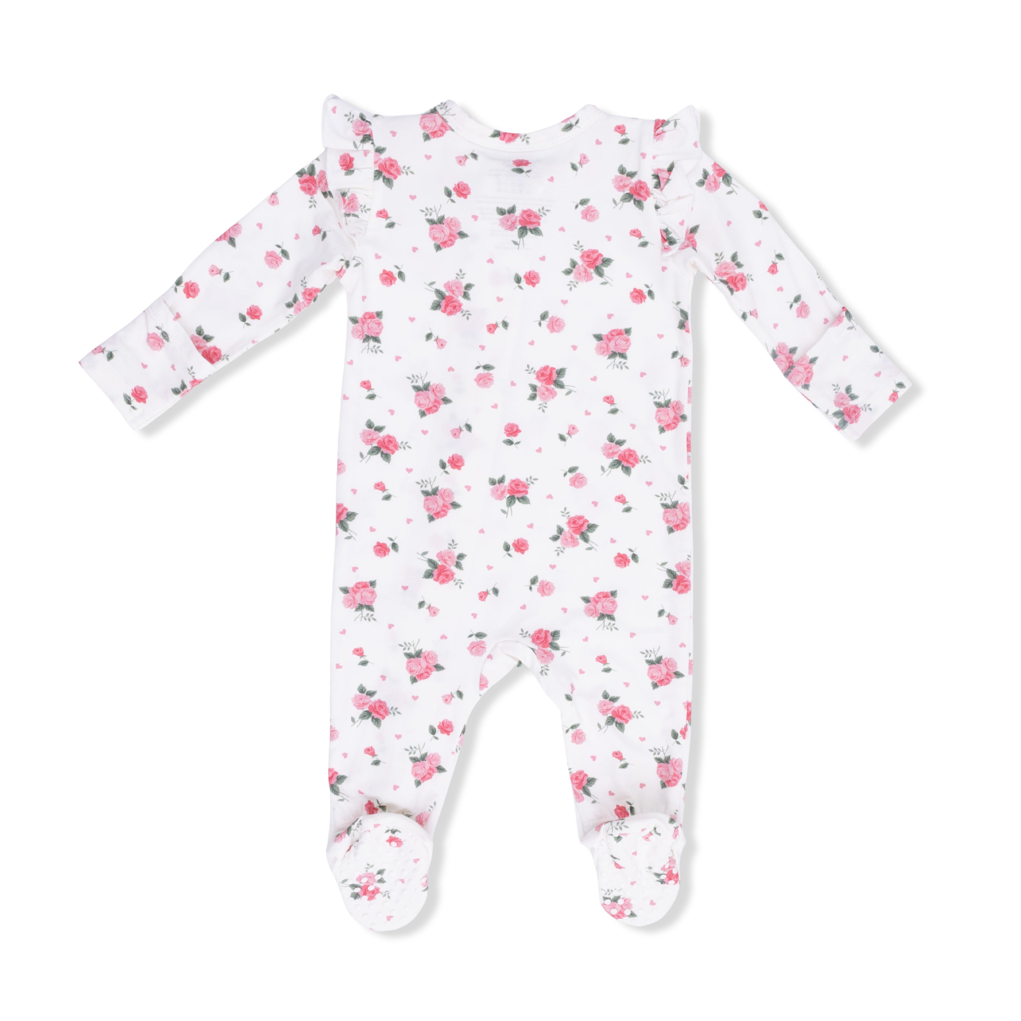 Baby footie with pink floral pattern on a white background