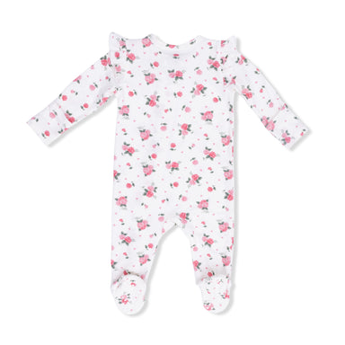 Baby footie with pink floral pattern on a white background