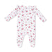 Baby footie with pink floral pattern on a white background