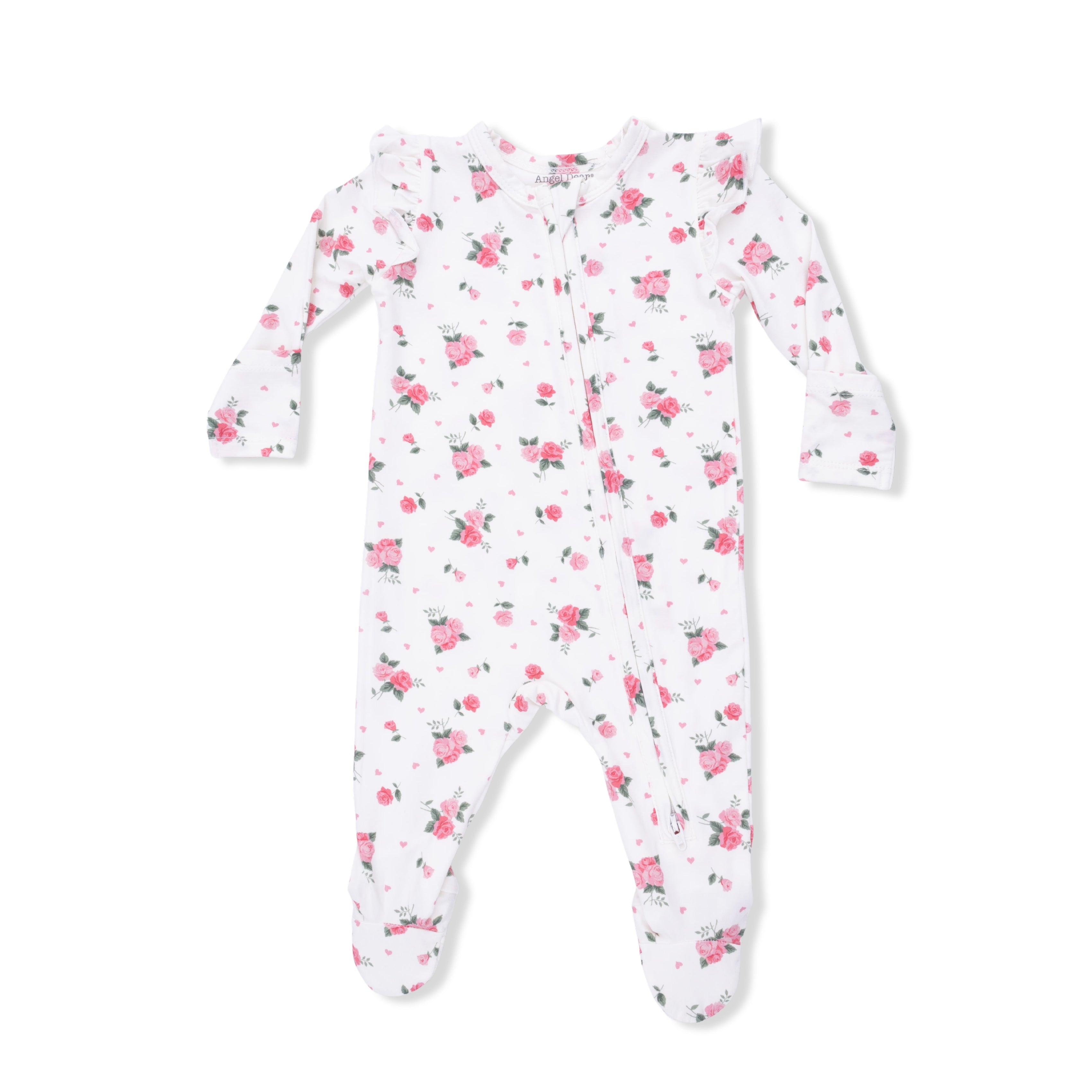 Floral patterned baby footie on a white background