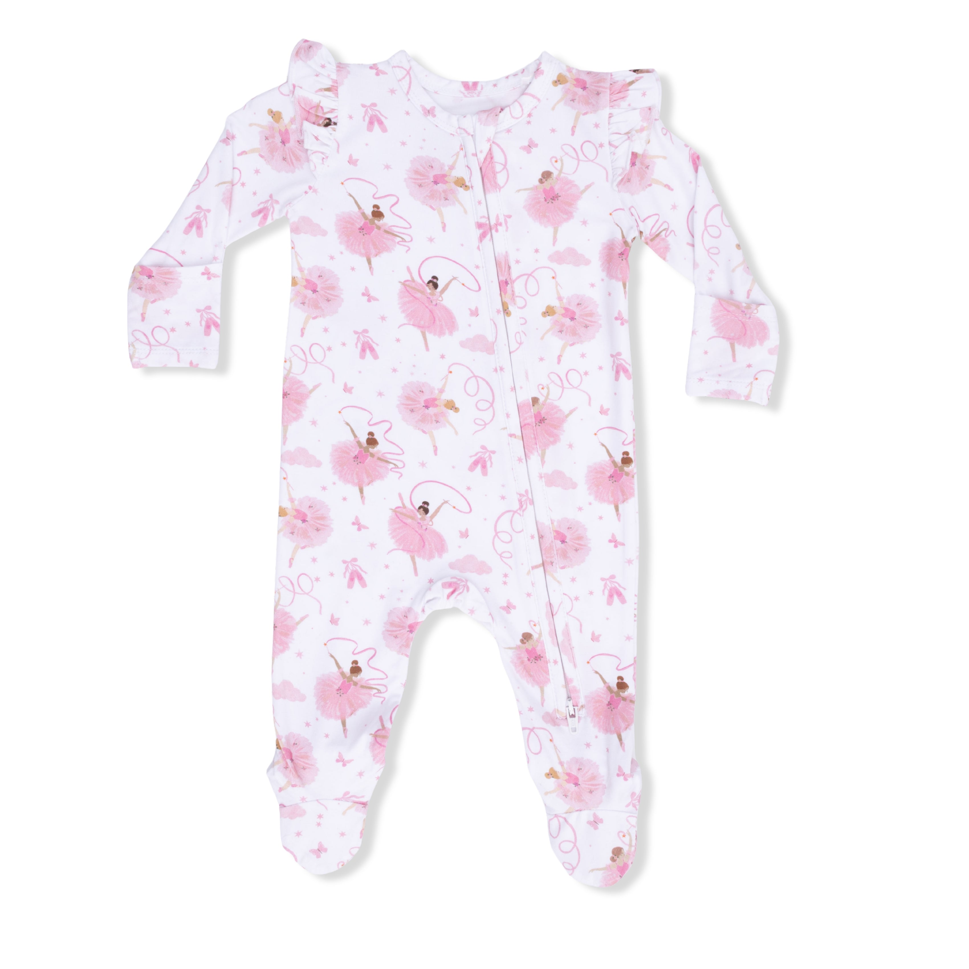 Ruffle Sleeve Zippered Footie - Ribbon Ballerinas