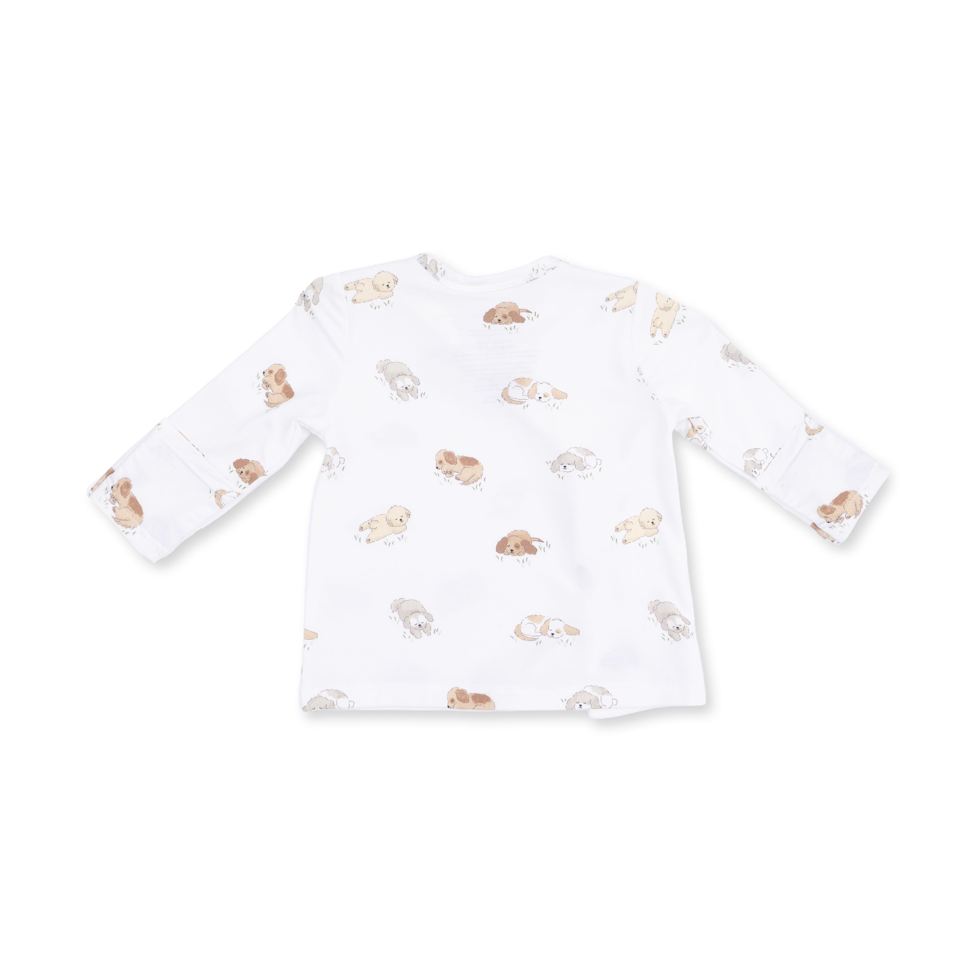 A white long-sleeve baby top with a scattered print of small puppies, shown flat against a white background.
