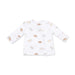 A white long-sleeve baby top with a scattered print of small puppies, shown flat against a white background.