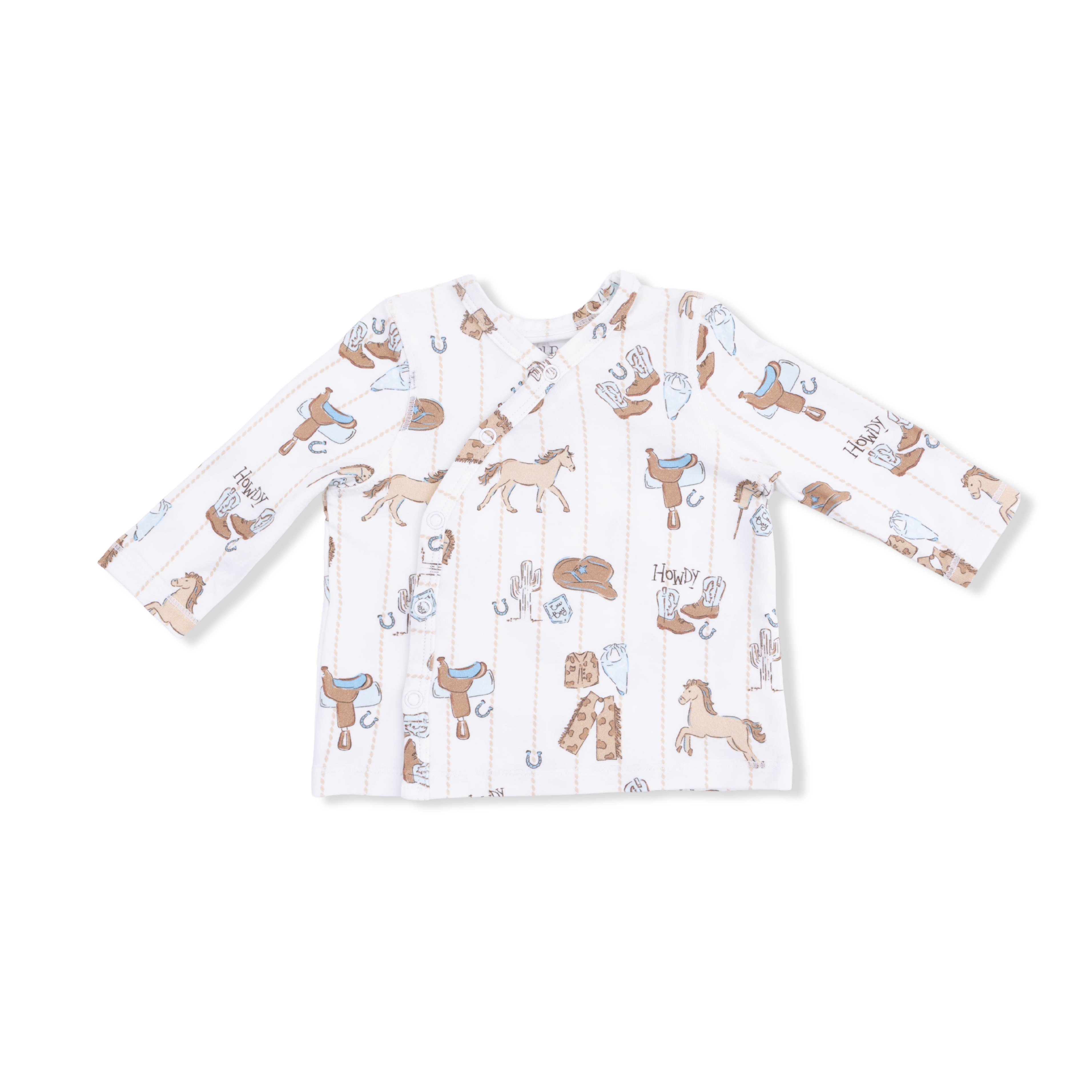 Infant  pajama top with horse pattern on a white background