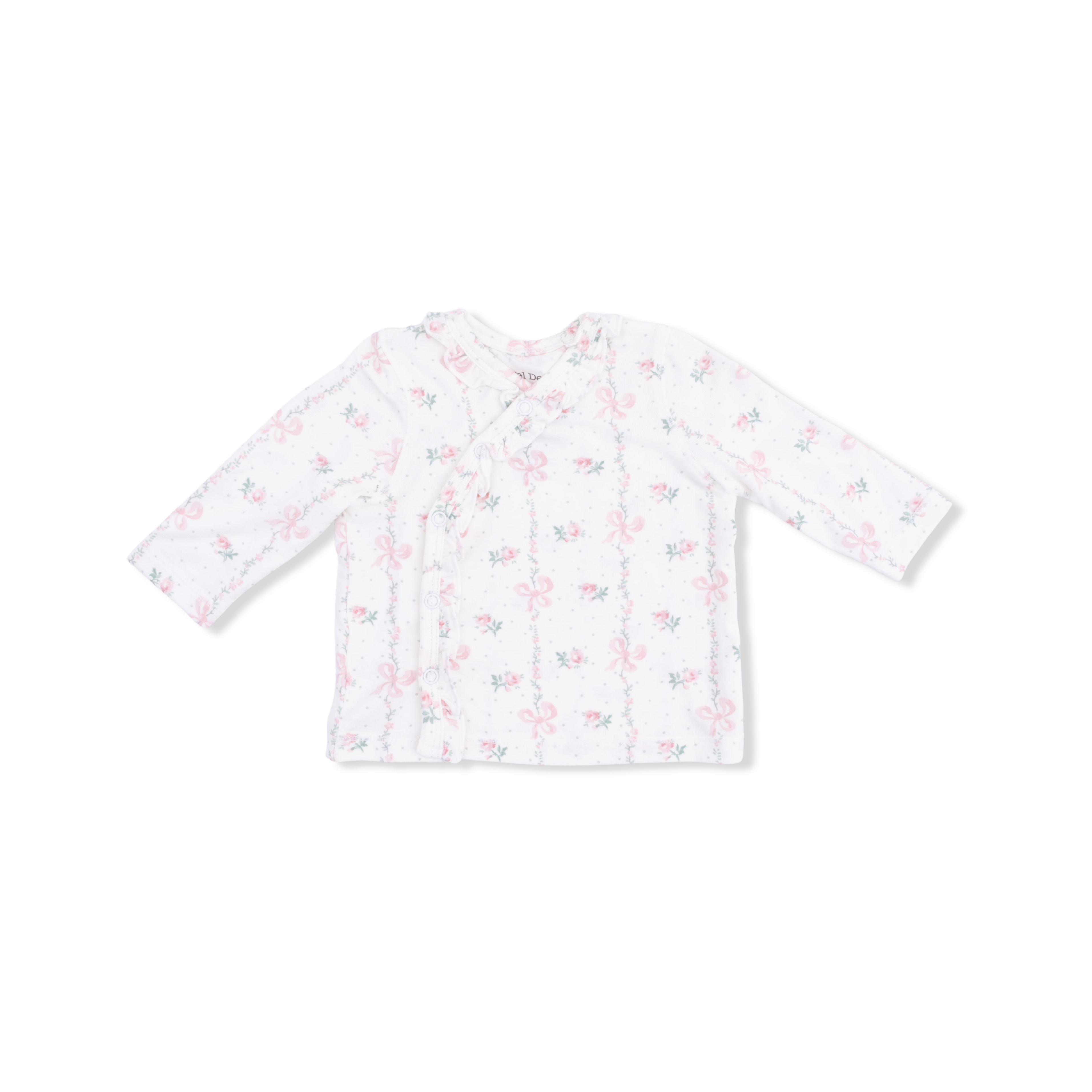 White baby shirt with pink floral pattern on a white background