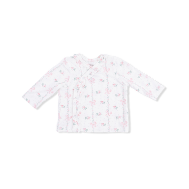White baby shirt with pink floral pattern on a white background