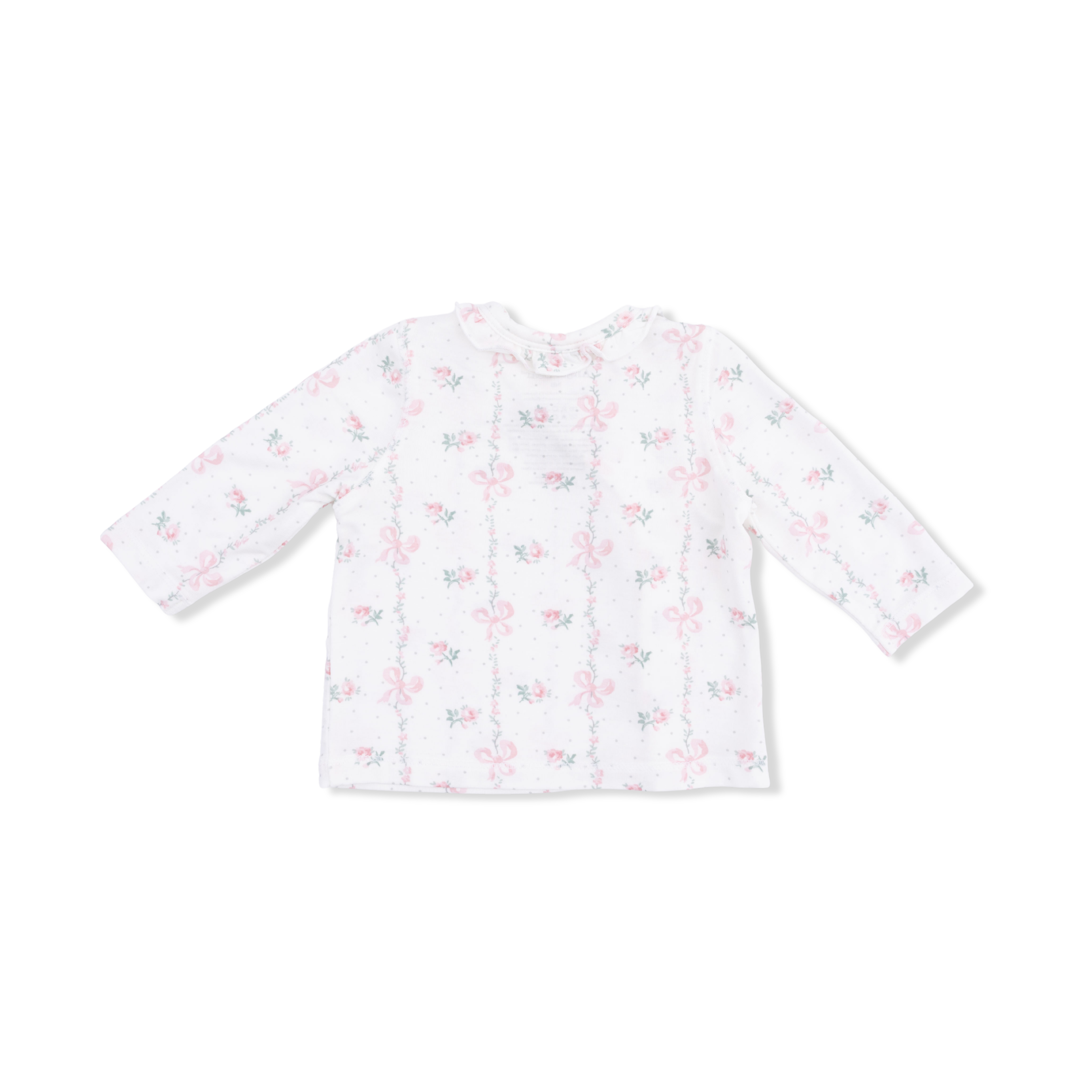 White baby shirt with pink floral pattern on a white background