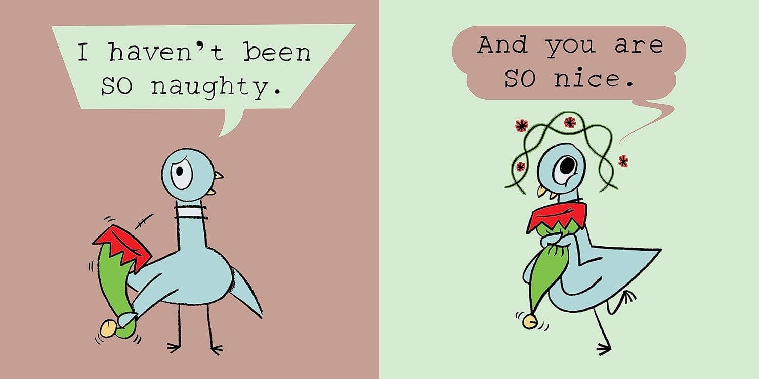 Illustrated childrens book spread with two whimsical blue birds and speech bubbles reading I have not been so naughty and And you are so nice