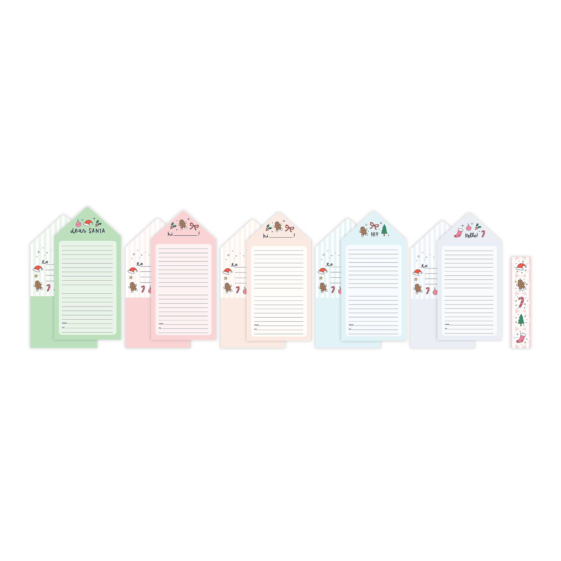 Pastel Christmas stationery set with five illustrated fold out notecards and matching sticker strips featuring gingerbread and winter designs by Pippi Post