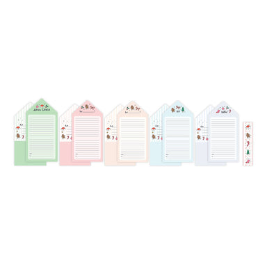 Pastel Christmas stationery set with five illustrated fold out notecards and matching sticker strips featuring gingerbread and winter designs by Pippi Post