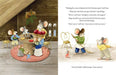 Illustrated childrens Christmas storybook spread showing a mouse family decorating indoors and two mice sweeping in a cozy holiday scene