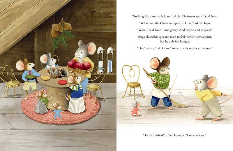 Illustrated childrens Christmas storybook spread showing a mouse family decorating indoors and two mice sweeping in a cozy holiday scene