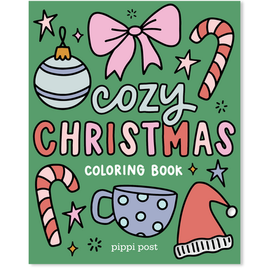 Cozy Christmas coloring book cover by Pippi Post with festive illustrations of a candy cane mug ornaments Santa hat bow and stars on a green background