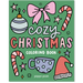 Cozy Christmas coloring book cover by Pippi Post with festive illustrations of a candy cane mug ornaments Santa hat bow and stars on a green background