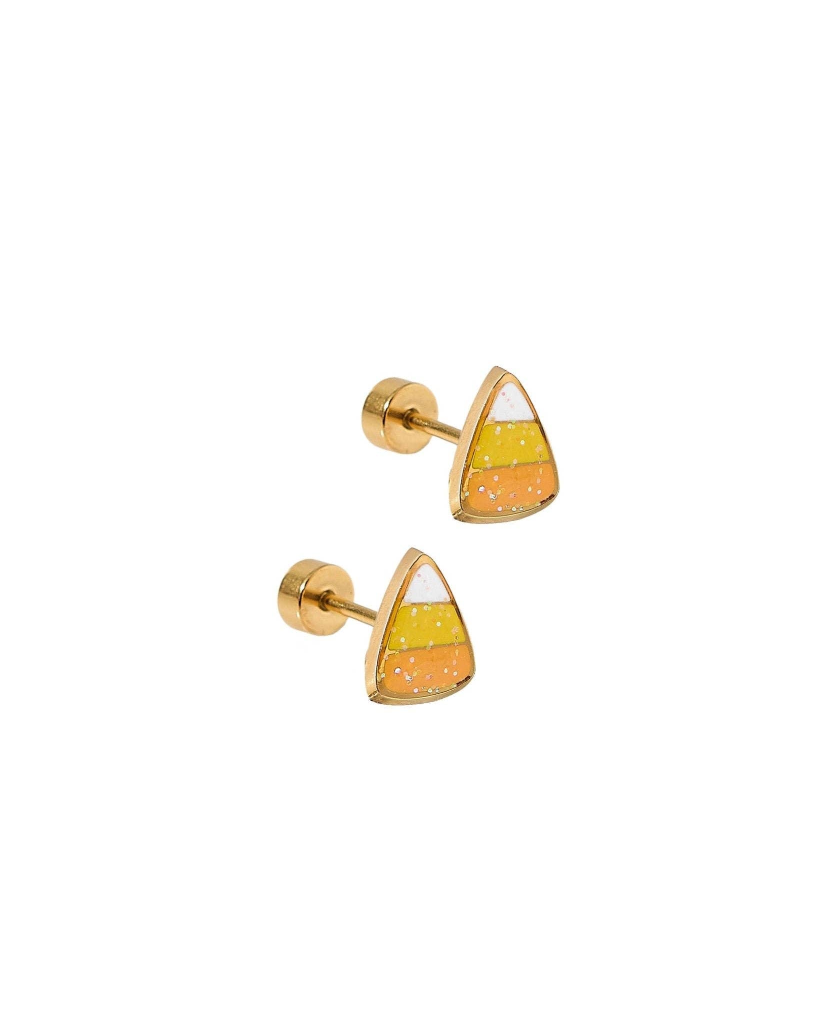 Candy Corn stud earrings on a white background