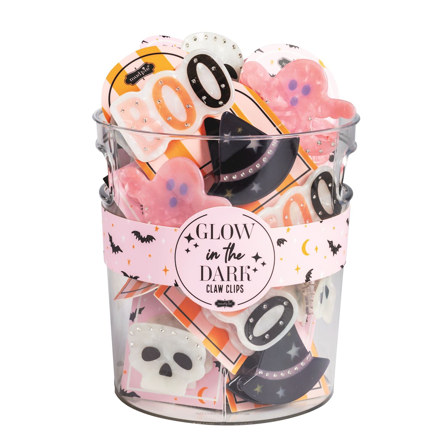 Clear container with Halloween-themed claw clips labeled 'Glow in the Dark' on a white background.