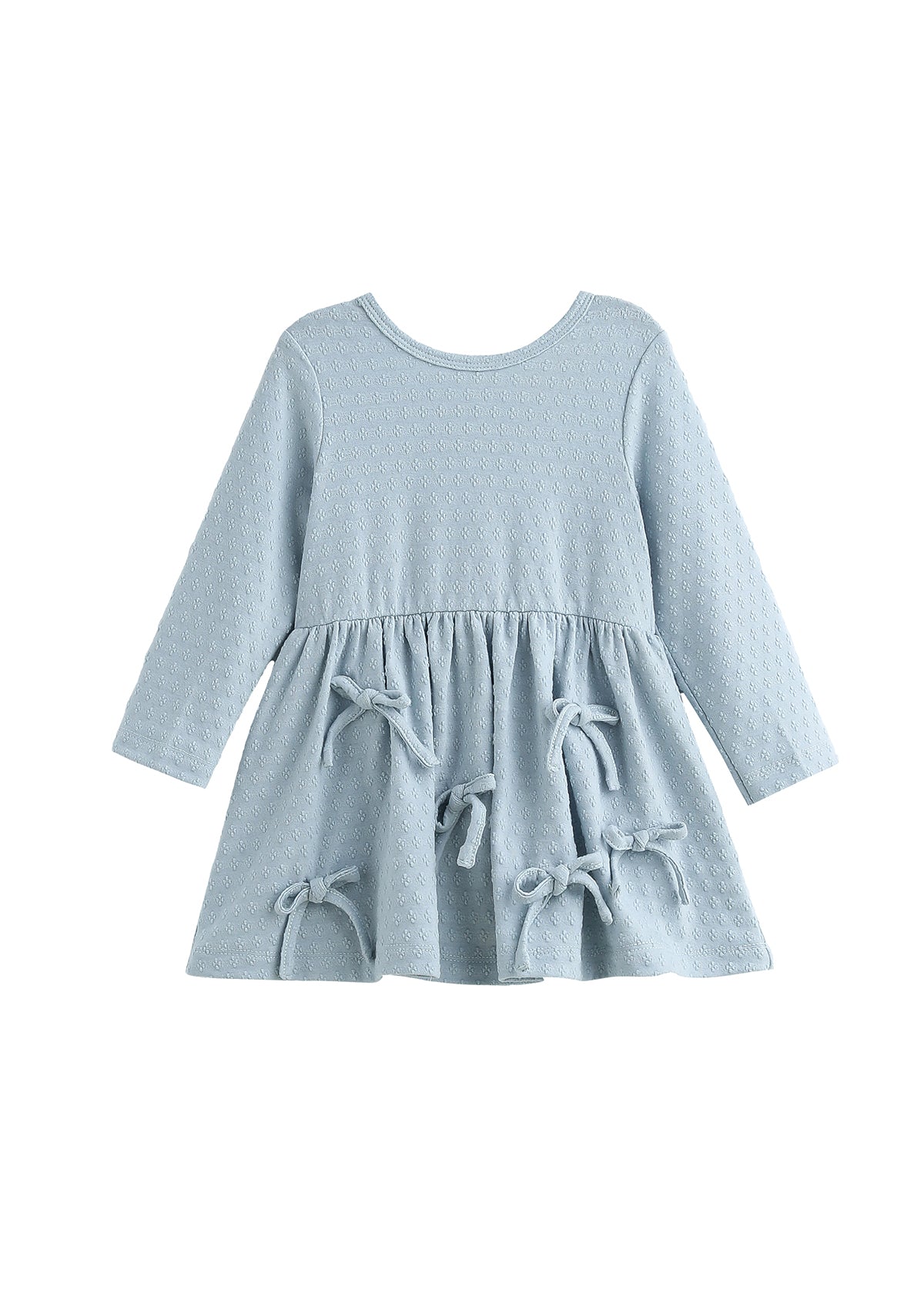 A light blue long-sleeve baby dress with a textured waffle fabric, featuring a gathered waist and four matching fabric bow details on the skirt, shown against a plain white background.