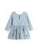 A light blue long-sleeve baby dress with a textured waffle pattern, a keyhole neckline, and decorative tie bows on the skirt, shown against a plain white background.