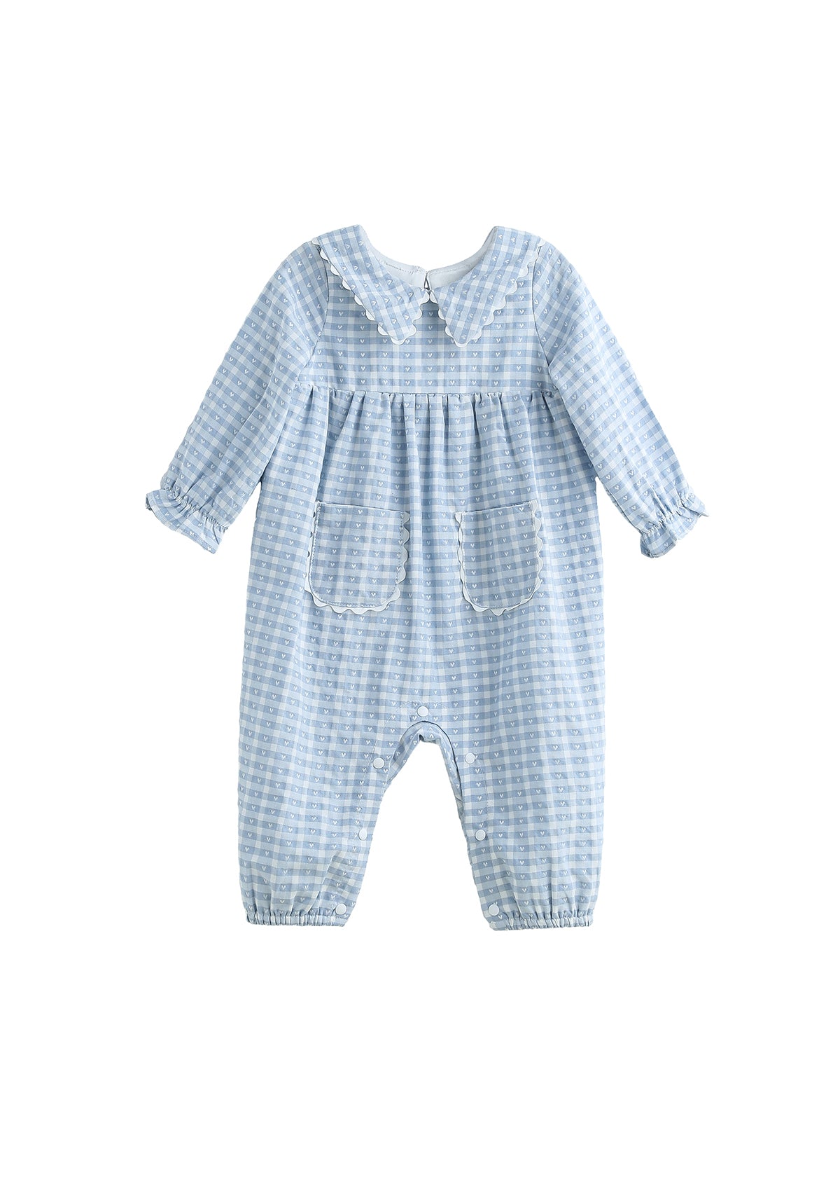 A baby long-sleeve romper in a light blue and white gingham check pattern, featuring a ruffled Peter Pan collar, smocked chest, and elasticated leg cuffs, shown against a plain white background.