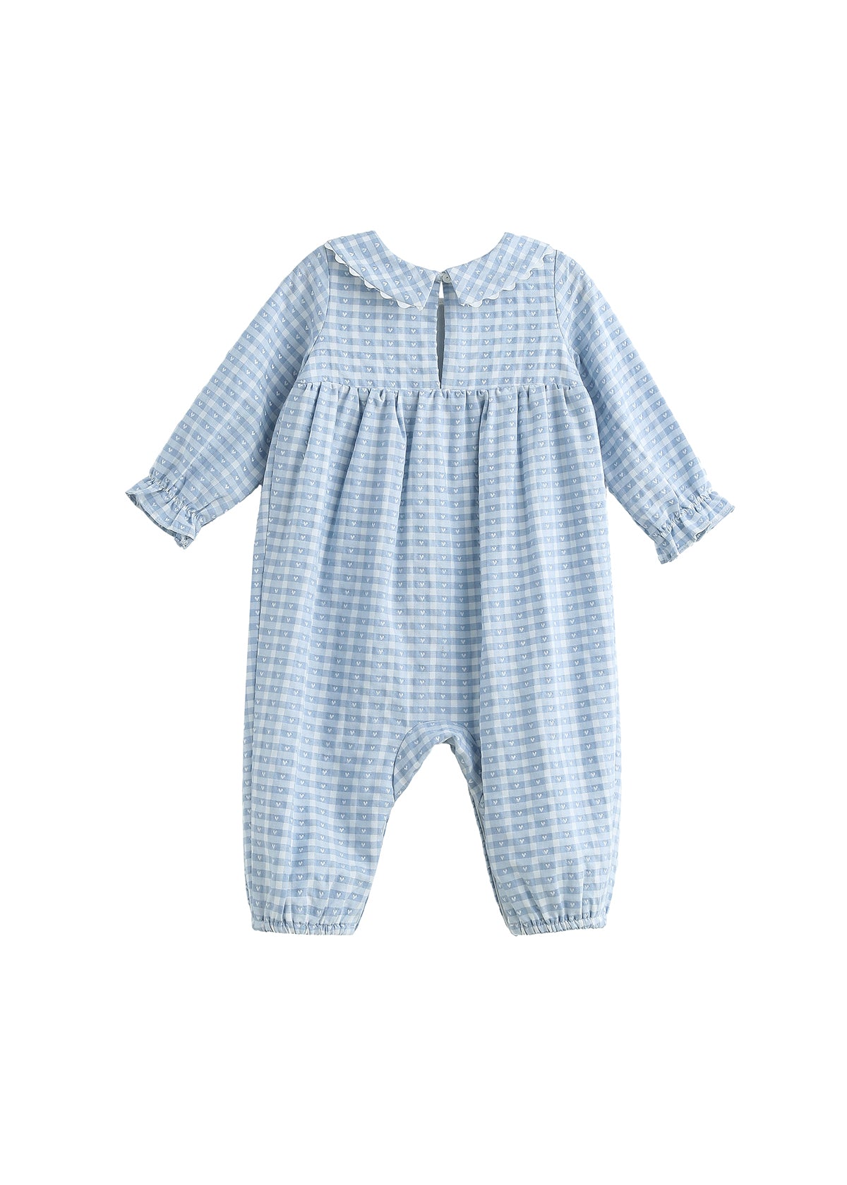 A baby long-sleeve romper in a light blue and white gingham check pattern, featuring a smocked bodice, ruffled collar, and elasticated leg cuffs, shown against a plain white background.