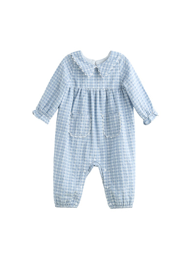 A baby long-sleeve romper in a light blue and white gingham check pattern, featuring a ruffled Peter Pan collar, smocked chest, and elasticated leg cuffs, shown against a plain white background.