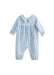 A baby long-sleeve romper in a light blue and white gingham check pattern, featuring a ruffled Peter Pan collar, smocked chest, and elasticated leg cuffs, shown against a plain white background.