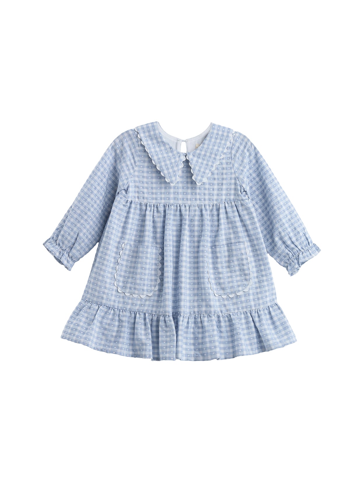 A light blue and white gingham long-sleeve baby dress with a ruffled Peter Pan collar, smocked bodice, and ruffled hem, shown on a plain white background.