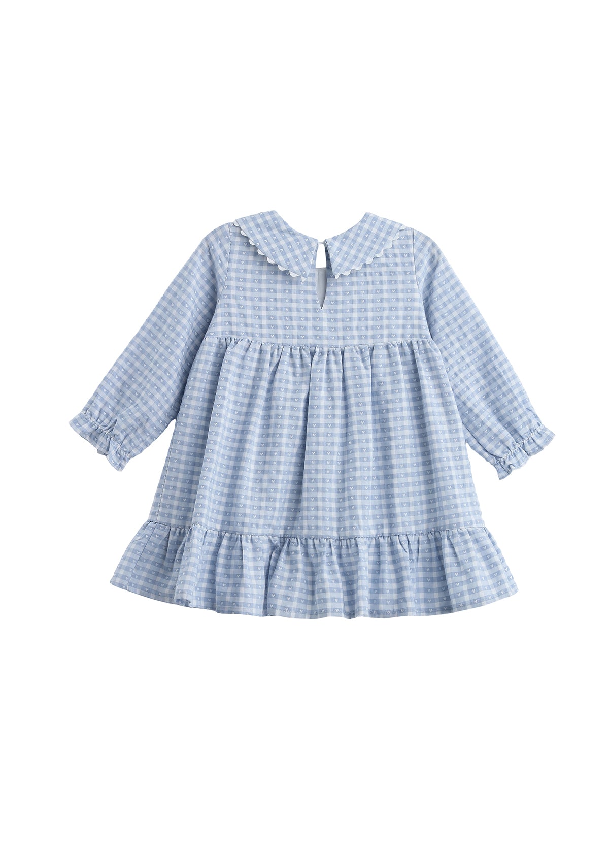 A light blue and white gingham long-sleeve baby dress with a ruffled Peter Pan collar, gathered waist, and ruffled hem, shown on a plain white background.
