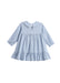 A light blue and white gingham long-sleeve baby dress with a ruffled Peter Pan collar, gathered waist, and ruffled hem, shown on a plain white background.