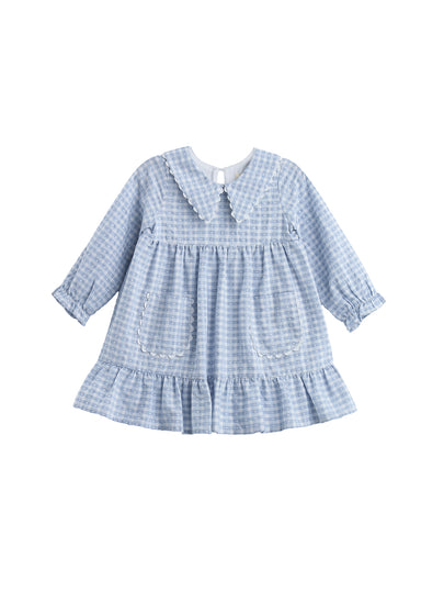 A light blue and white gingham long-sleeve baby dress with a ruffled Peter Pan collar, smocked bodice, and ruffled hem, shown on a plain white background.
