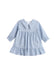 A light blue and white gingham long-sleeve baby dress with a ruffled Peter Pan collar, smocked bodice, and ruffled hem, shown on a plain white background.