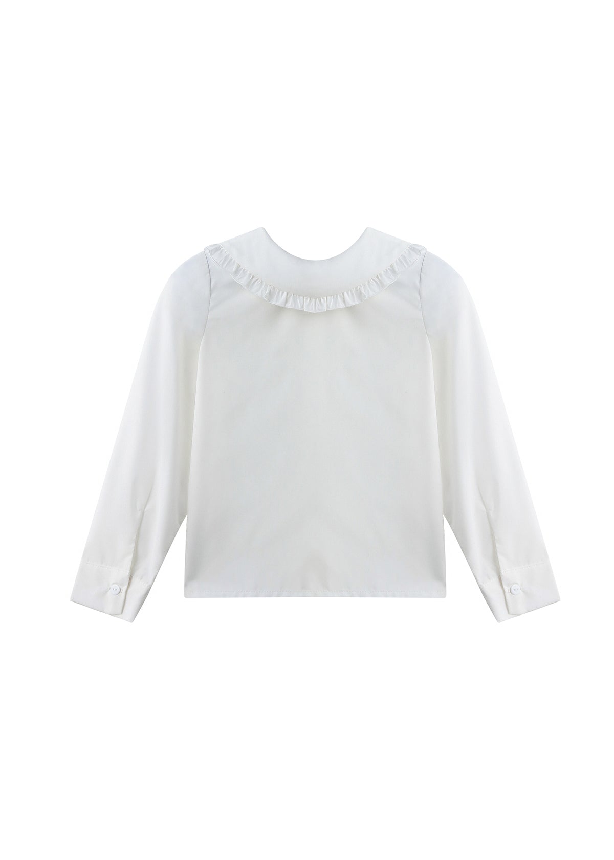 A white long-sleeve blouse with a ruffled Peter Pan collar, displayed flat against a solid white background.