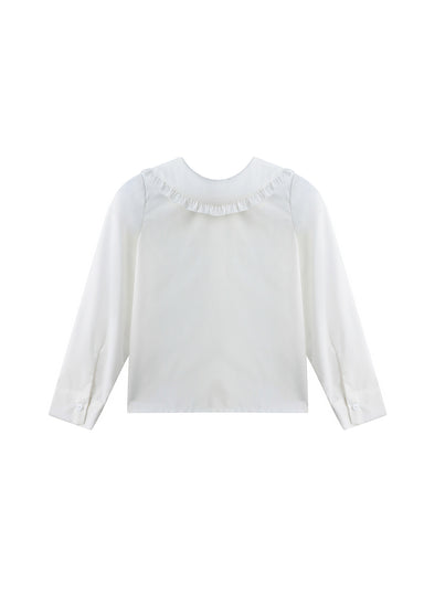 A white long-sleeve blouse with a ruffled Peter Pan collar, displayed flat against a solid white background.