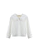 A white long-sleeve button-up blouse for children, featuring a wide ruffled Peter Pan collar and a small brand label at the inner neck, displayed on a clean white background.