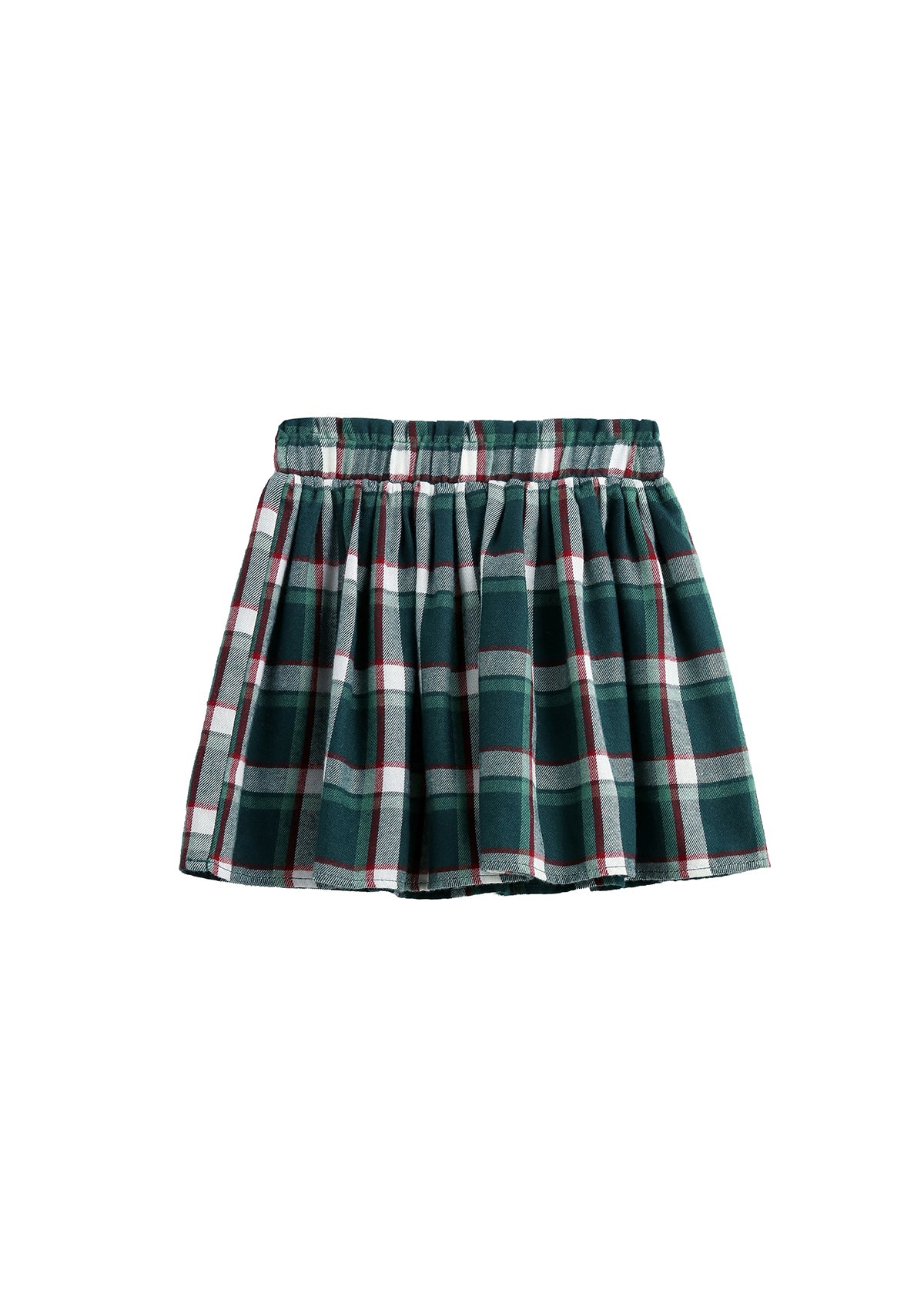 A green plaid pleated mini skirt with white and red stripes, shown flat against a plain white background.