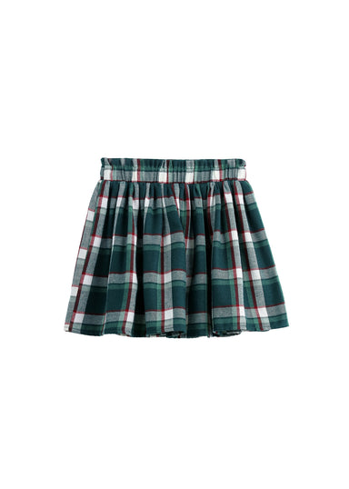 A green plaid pleated mini skirt with white and red stripes, shown flat against a plain white background.