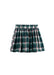 A green plaid pleated mini skirt with white and red stripes, shown flat against a plain white background.