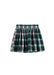A green plaid pleated mini skirt with white and red stripes, shown flat against a plain white background.