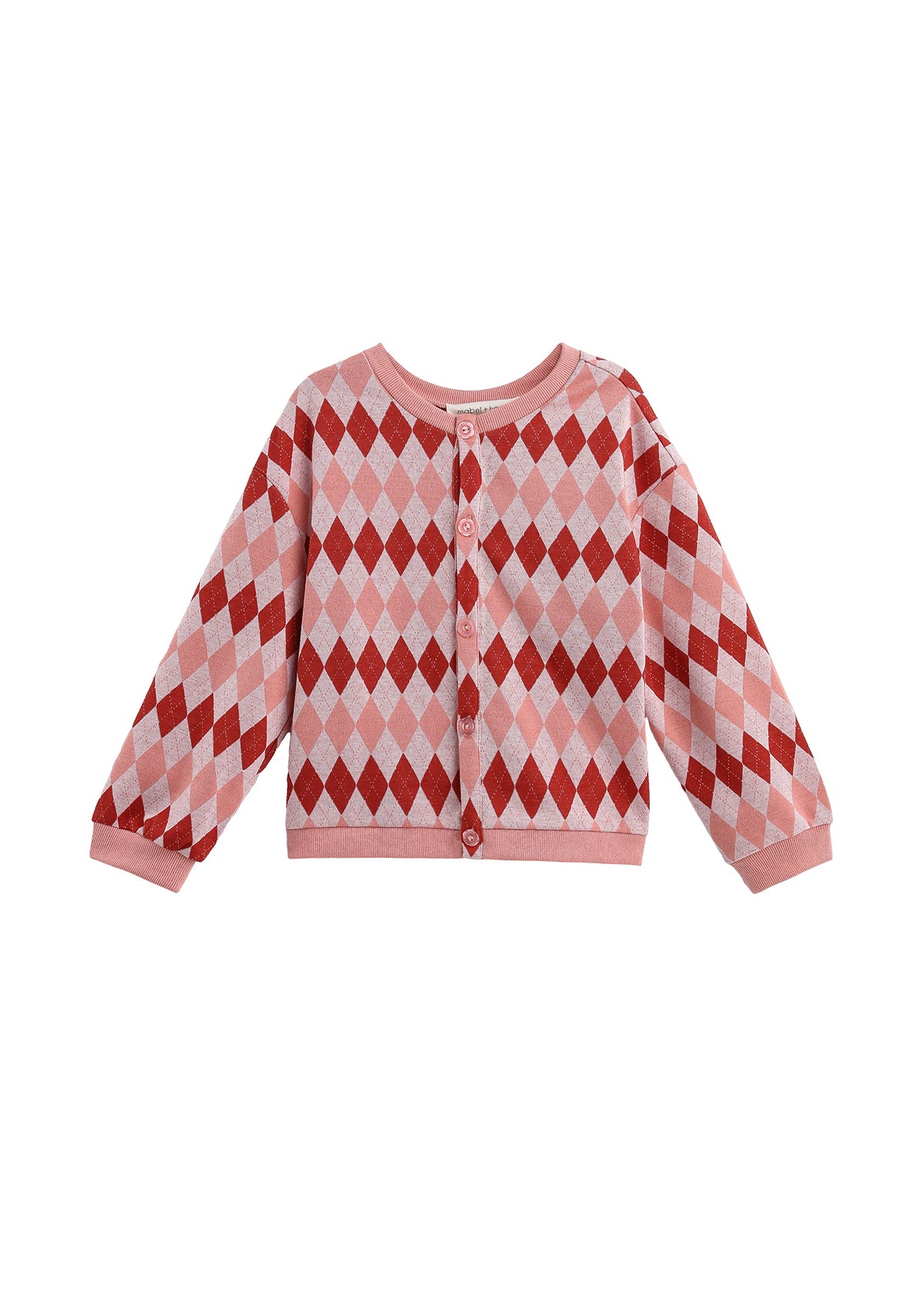 A children's long-sleeve cardigan sweater featuring a pink and red argyle diamond pattern, shown against a plain white background.