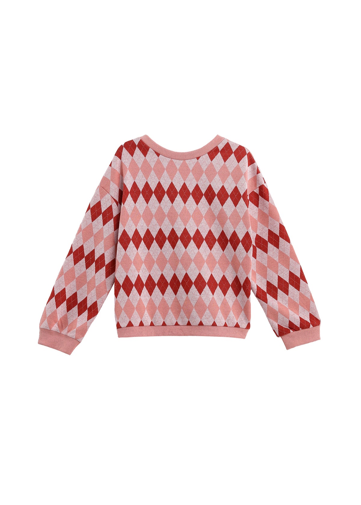 A long-sleeve crewneck sweater featuring a pink, red, and white argyle diamond pattern, displayed flat against a solid white background.
