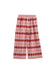 A pair of wide-leg cropped pants featuring an argyle pattern in shades of red, pink, and white, displayed against a solid white background.