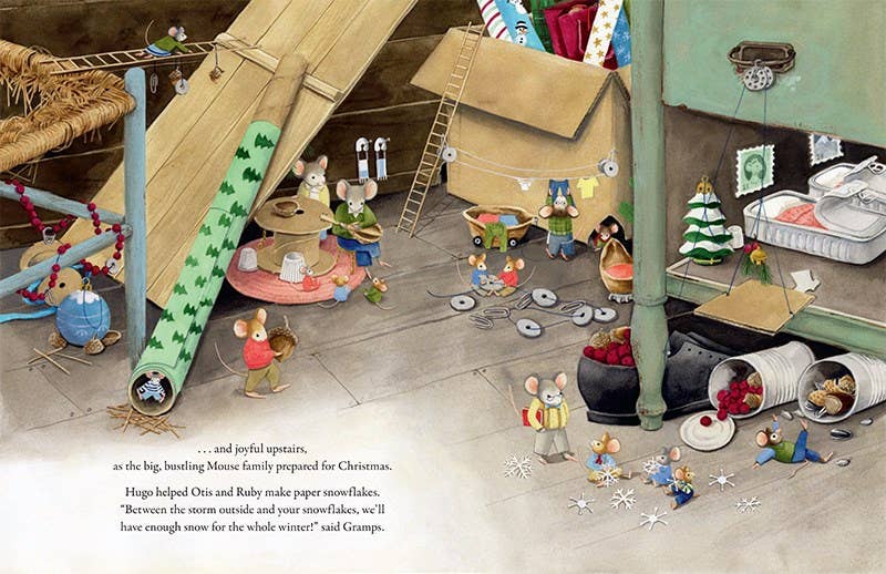 Illustrated page from A Mouse Family Christmas by Hachette Book Group showing mice decorating for Christmas among toys gifts and festive decorations