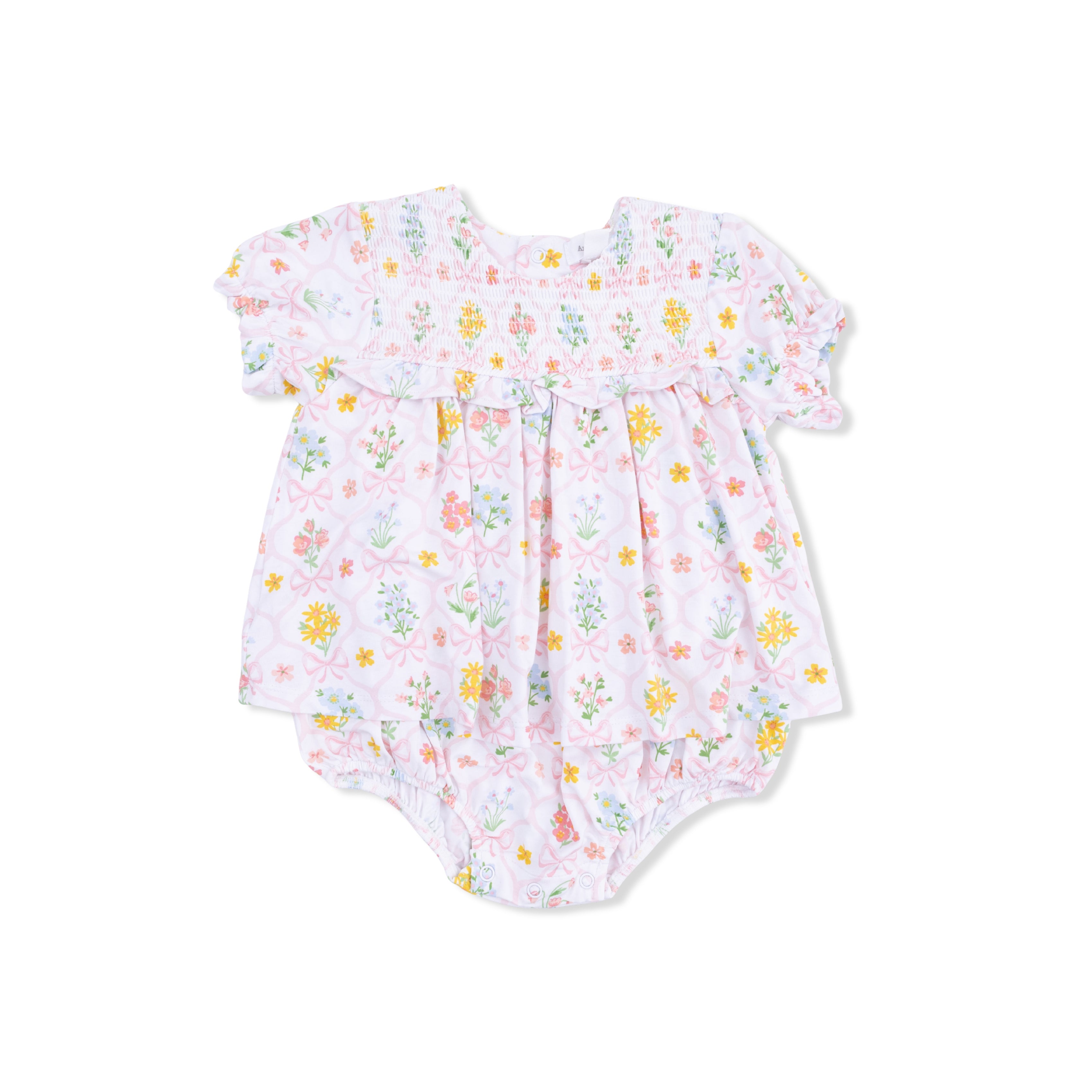 Floral-patterned baby romper on a white background