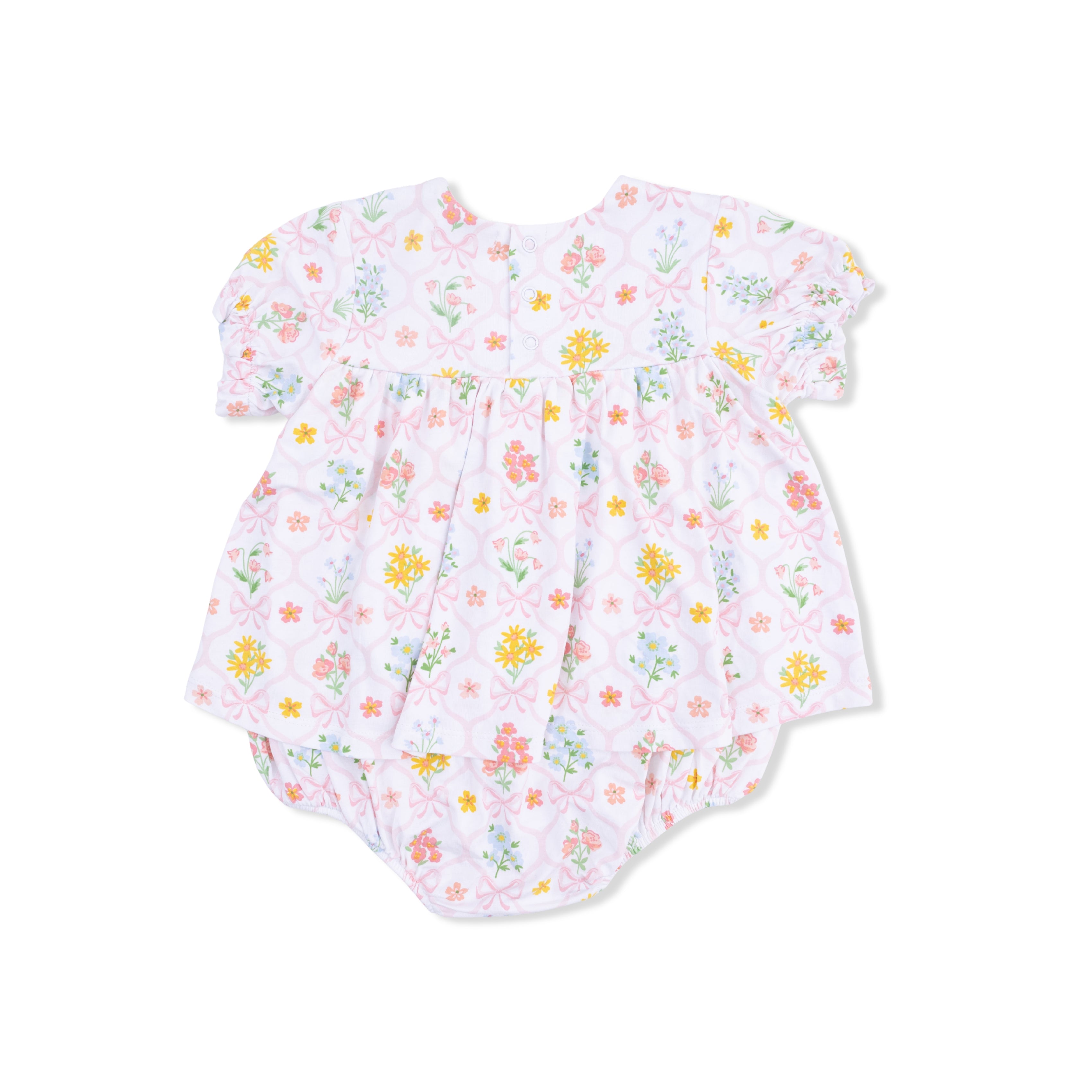 Floral-patterned baby romper on a white background