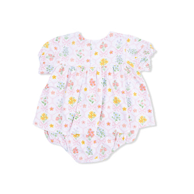 Floral-patterned baby romper on a white background