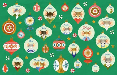 Illustrated Christmas cover with a green background and mouse family ornaments named Hugo and friends surrounded by candy canes stars and festive decorations by Hachette Book Group