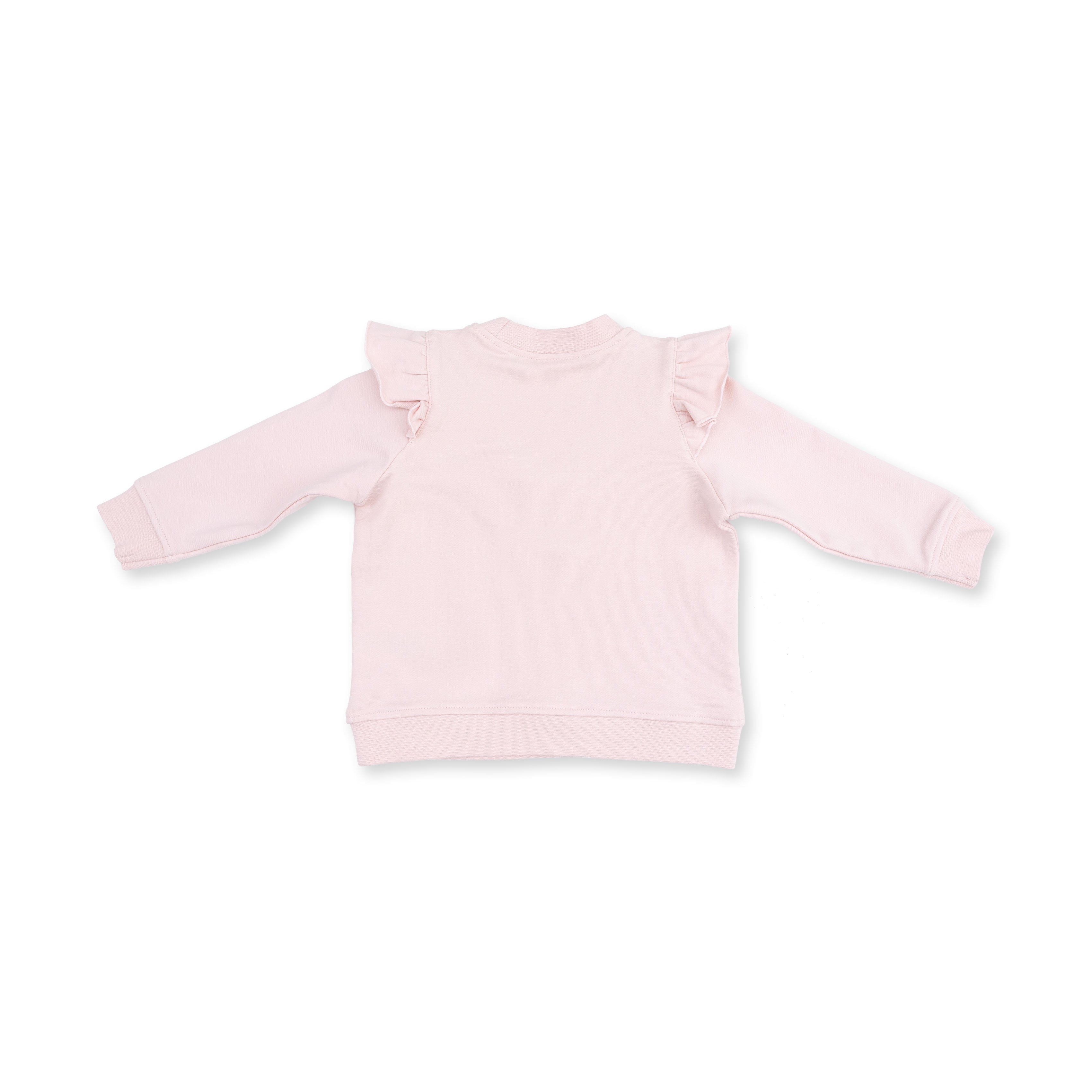 A light pink long-sleeve baby top with delicate ruffle details on the shoulders, shown flat against a solid white background.
