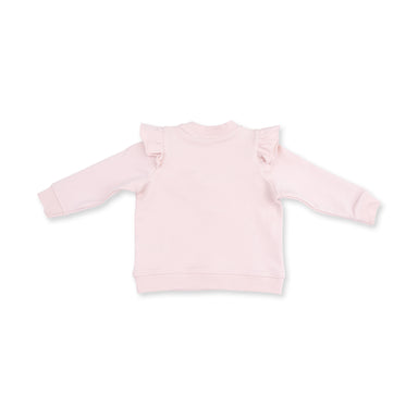 A light pink long-sleeve baby top with delicate ruffle details on the shoulders, shown flat against a solid white background.