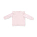 A light pink long-sleeve baby top with delicate ruffle details on the shoulders, shown flat against a solid white background.